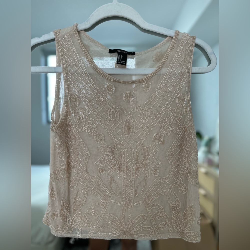 Forever 21 Sleeveless Beige Sequin Beaded Tank Top